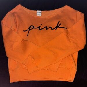 VS PINK women’s orange off-shoulder cropped crew neck sweatshirt, size small